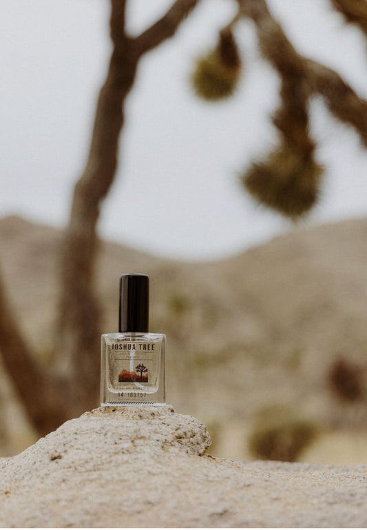 Joshua Tree Eau de Parfum sitting on rock in Joshua Tree National Park