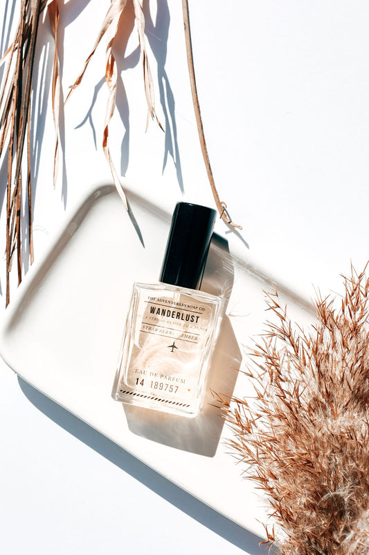 wanderlust perfume displayed on a white background