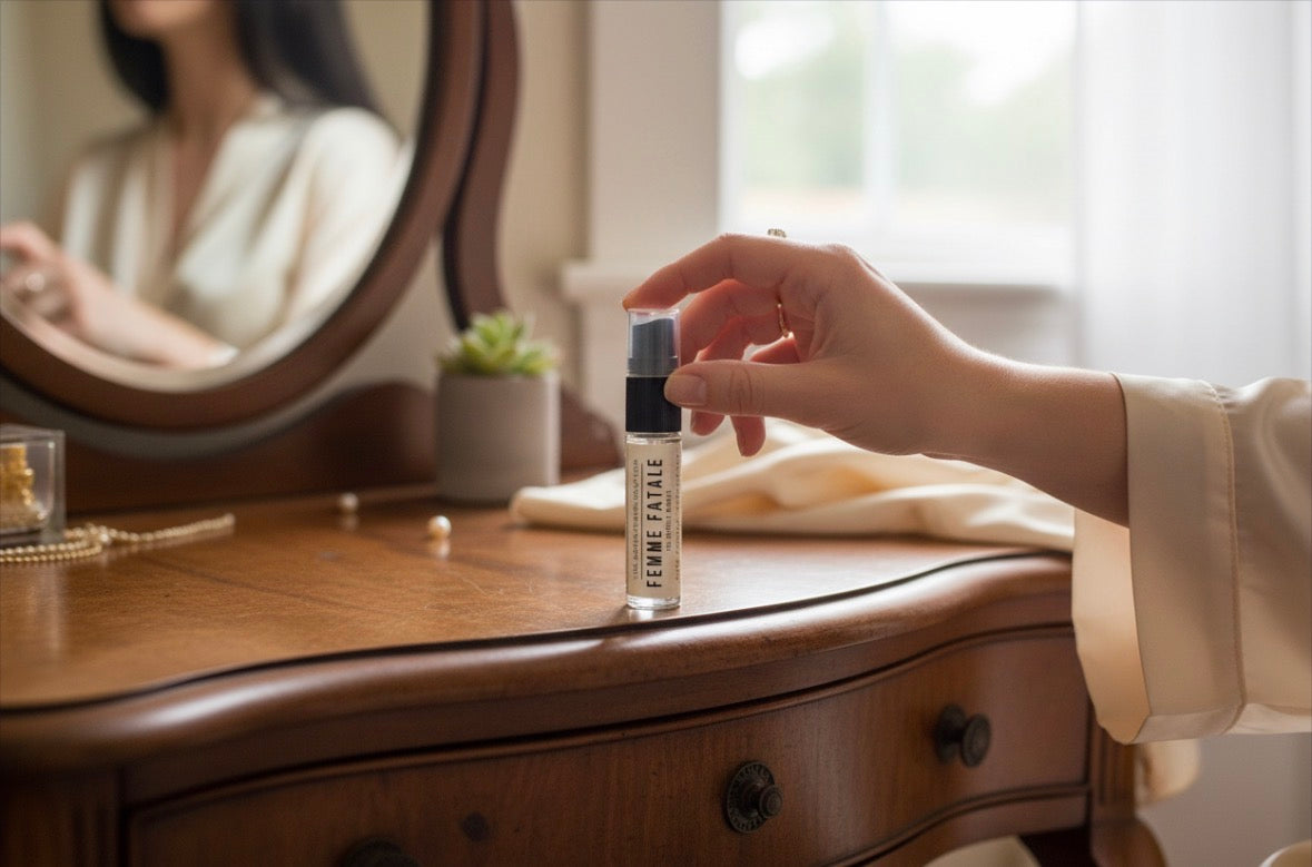 Person holding a small bottle of perfume on a wooden dresser with a mirror in the background.