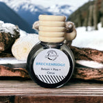 Breckenridge Car Diffuser on wooden table with snowy mountains in background.
