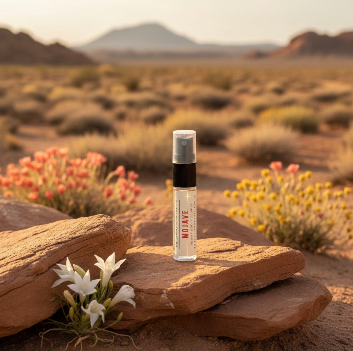Mojave travel perfume spray on a rock with desert landscape in the background