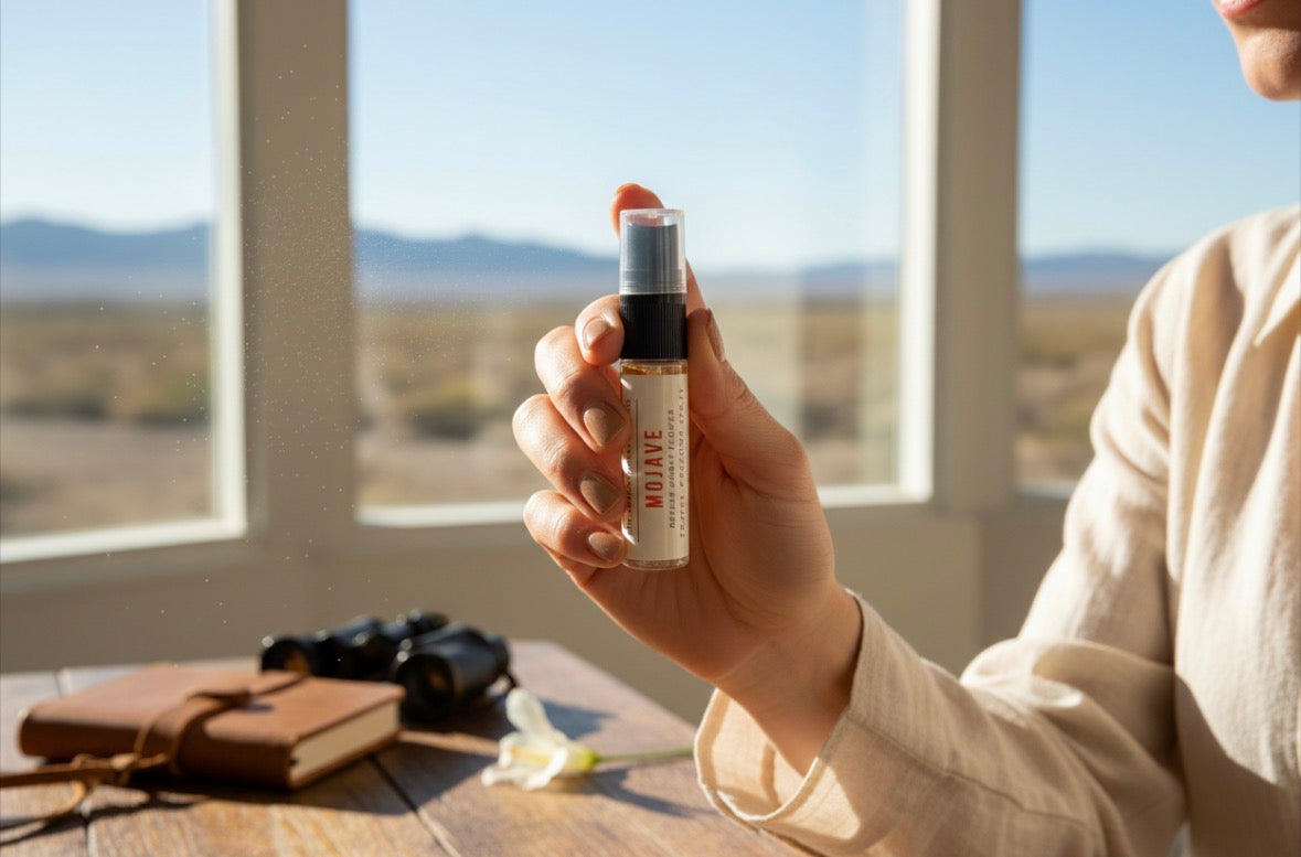 Person holding a bottle of Mojave travel perfume spray with a scenic view outside.