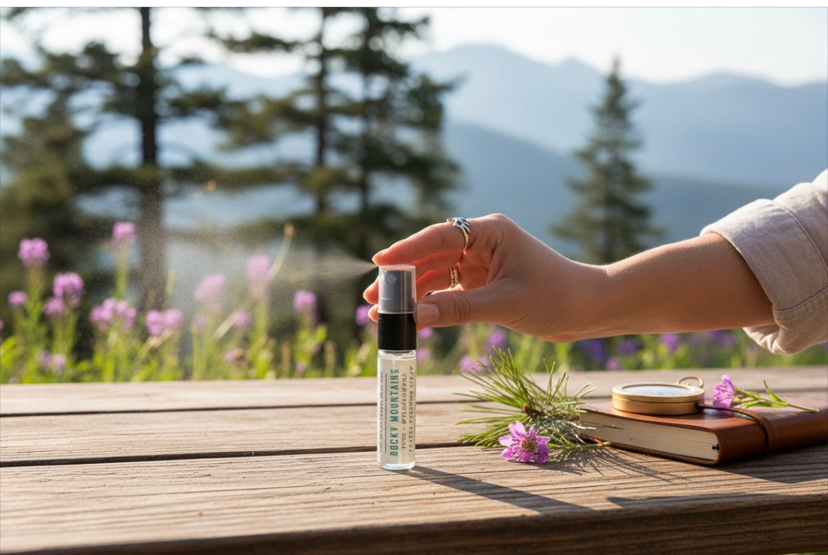 Hand holding Rocky Mountains Travel Perfume Spray on a wooden table with a scenic background