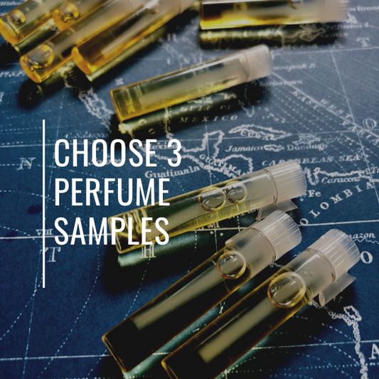 Perfume samples on a map background with text 'Choose 3 Perfume Samples'.